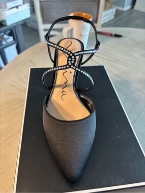 Nina Black Rhinestone Strappy Pointed Toe Heel 2 3/8